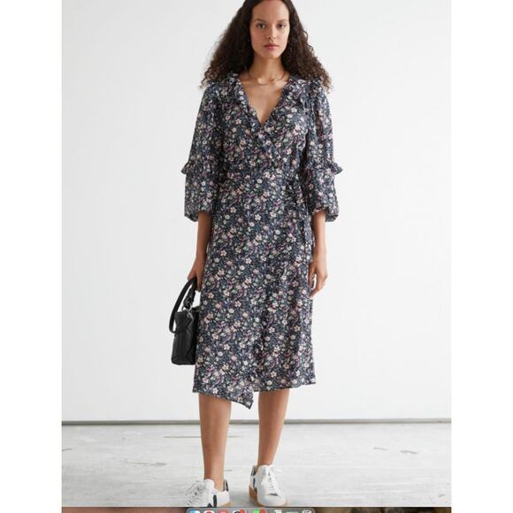 &Other Stories Black Floral Ruffle Wrap Midi Dress – Size M, NWT - Picture 1 of 8